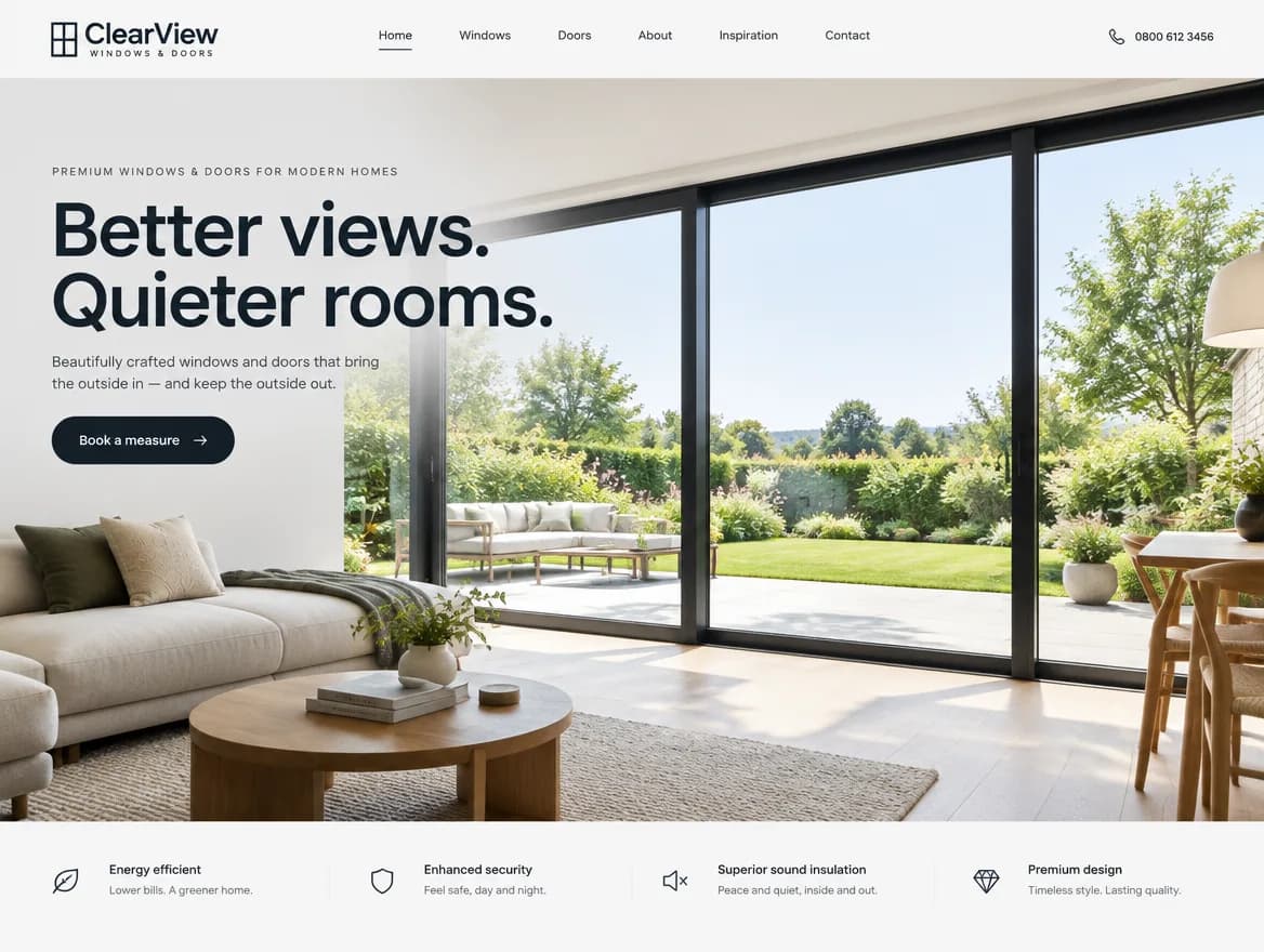 Concept homepage for a fictional windows and doors business, ClearView Windows & Doors